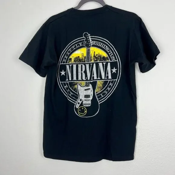 Men's Nirvana T Shirt 100% Cotton Black Yellow Seattle Washington Guitar Band M - Picture 3 of 6